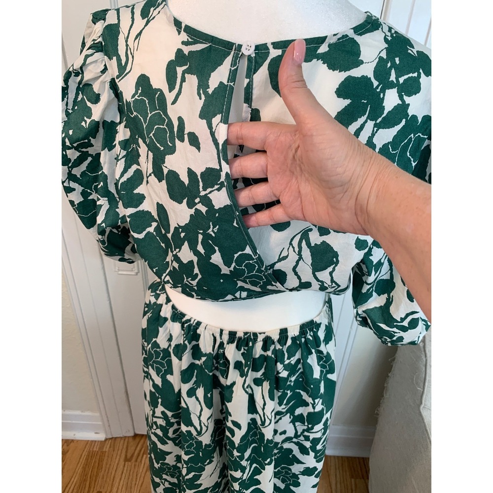 Green White Floral Garden Midi Wrap Dress Puff Sleeves Shea McGee Inspired SZ XL - Picture 14 of 16